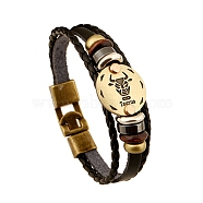 Braided Cowhide Cord Multi-Strand Bracelets, Constellation Bracelet for Men, with Wood Bead & Alloy Clasp, Taurus, 7-7/8~8-1/2 inch(20~21.5cm) (PW-WG49322-06)