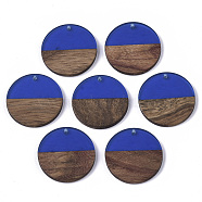 Transparent Resin & Walnut Wood Pendants, Flat Round, Blue, 28.5x3.5~4mm, Hole: 1.5mm(RESI-S358-02B-H60)