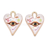 Printed Rack Plating Alloy Enamel Pendants, Golden, Heart with Eye Charm, Sandy Brown, 34.5x25.5x4.5mm, Hole: 4x8.5mm(ENAM-T020-01D)