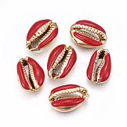 Electroplated Cowrie Shell Beads, with Enamel, Undrilled/No Hole Beads, Golden, Dark Red, 18~22x13~15x7~8mm(BSHE-G019-01G-C)