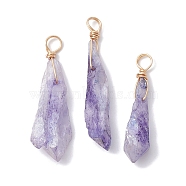 Electroplated Natural Quartz Crystal Dyed Pendants, Teardrop Charms with Golden Plated Copper Wire Loops, Lilac, 34~37x6~10.5x6~9.5mm, Hole: 3.5mm(PALLOY-JF02325-02)