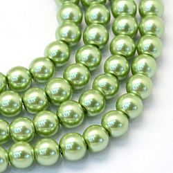 Baking Painted Pearlized Glass Pearl Round Bead Strands, Lime Green, 8~9mm, Hole: 1mm, about 100~105pcs/strand, 31.4 inch(HY-Q330-8mm-26)