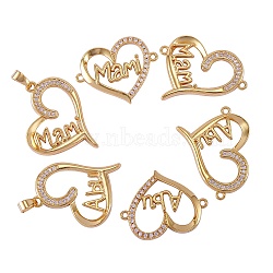6Pcs 6 Style Brass Micro Pave Clear Cubic Zirconia Links, Long-Lasting Plated, for Mother's Day, Heart with Word Mam & Abu & Mami, Real 18K Gold Plated, 19~26x22~26x3, hole: 1.2~4mm, 1pc/style(ZIRC-SZ0001-50)