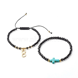 Infinity & Cross Braided Bead Bracelets Set for Girl Women, Synthetic Turquoise & Natural White Jade & Malaysia Beads Energy Bracelets, Golden, Black, Inner Diameter: 2.17~3.62 inch(55~92mm), 2pcs/set.(BJEW-JB06957)