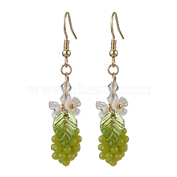 Yellow Green Grape Fruit Resin Dangle Earrings, with ABS Plastic Imitation Pearl Flowers, Golden, 52x12mm(EJEW-JE05646)