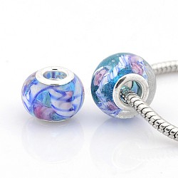 Handmade Lampwork European Large Hole Rondelle Beads, Inner Flower, with Silver Color Plated Brass Double Cores, Colorful, 14x10mm, Hole: 5mm(X-LPDL-M007-02)
