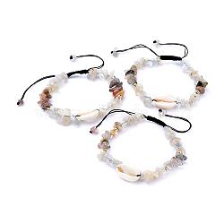 Natural Rutilated Quartz & White Moonstone Chip Braided Bead Bracelets, with Cowrie Shell, 1-7/8 inch~3-1/8 inch(4.7~8cm)(BJEW-JB04080-04)
