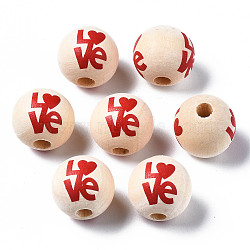 Unfinished Natural Wood European Beads, Large Hole Beads, Printed, Round with Love, Old Lace, 16x15mm, Hole: 4mm(WOOD-S057-066)