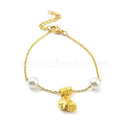 Real 18K Gold Plated Brass Charm Bracelet with Plastic Imitation Pearl Beaded, with Ion Plating(IP) 304 Stainless Steel Chains, Long-Lasting Plated, July Lotus, 7-1/4 inch(18.4cm)(BJEW-D030-04A-G)