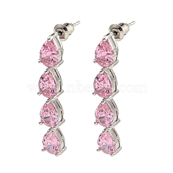 Rack Plating Platinum Tone Brass Cubic Zirconia Studs Earrings for Women, Teardrop, Hot Pink, 41x7mm(EJEW-H310-01P-03)