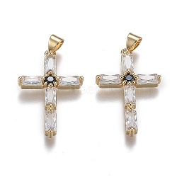 Brass Micro Pave Clear Cubic Zirconia Pendants, Long-Lasting Plated, with Snap on Bails, Cross, Real 18K Gold Plated, 28.5x18.5x3.5mm, Hole: 5.5mm(ZIRC-A011-33G)