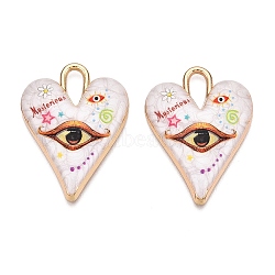 Printed Rack Plating Alloy Enamel Pendants, Golden, Heart with Eye Charm, Sandy Brown, 34.5x25.5x4.5mm, Hole: 4x8.5mm(ENAM-T020-01D)