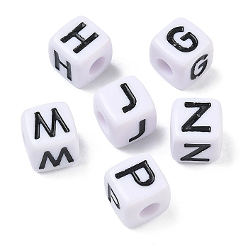 Opaque Acrylic European Beads, Large Hole Beads, Cube with Letter, Black, 14.5x14.5x14.5mm, Hole: 6.5mm, about 190pcs/500g
