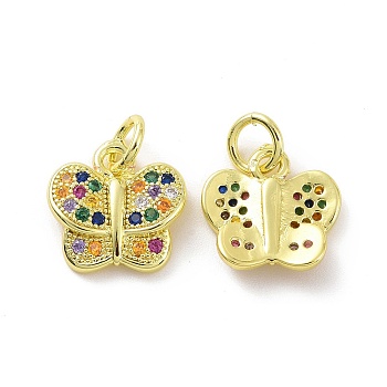 Brass Micro Pave Colorful Cubic Zirconia Charms, with Jump Ring, Butterfly Charm, Real 18K Gold Plated, 11x11x2mm, Hole: 3.2mm