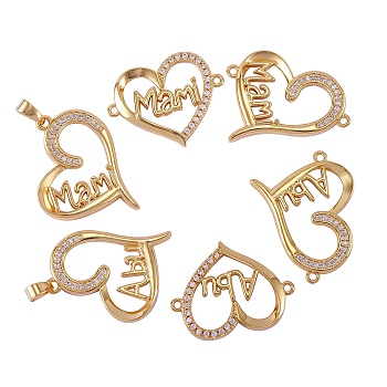 6Pcs 6 Style Brass Micro Pave Clear Cubic Zirconia Links, Long-Lasting Plated, for Mother's Day, Heart with Word Mam & Abu & Mami, Real 18K Gold Plated, 19~26x22~26x3, hole: 1.2~4mm, 1pc/style