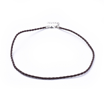 Trendy Braided Imitation Leather Necklace Making, with Iron End Chains and Lobster Claw Clasps, Platinum Metal Color, Coconut Brown, 16.9 inchx3mm