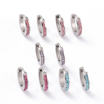 Rhinestone Hinged Hoop Earrings, Stainless Steel Color Plated 304 Stainless Steel Jewelry for Women, Mixed Color, 13x13.5x2.5mm, Pin: 1mm