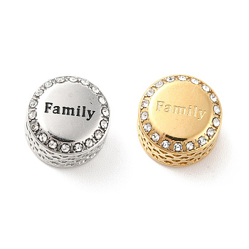 304 Stainless Steel European Beads, with Enamel & Rhinestone, Large Hole Beads, Flat Round with Word Famliy, Golden & Stainless Steel Color, 12x8mm, Hole: 4mm