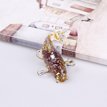 Resin Home Display Decorations, with Natural Amethyst Chips and Gold Foil Inside, Fish, 60x40x20mm
