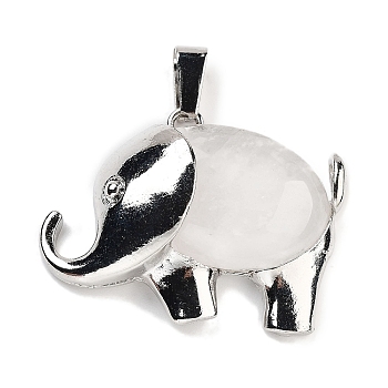 Natural Quartz Crystal Pendants, Rock Crystal Elephant Charms with Alloy Findings, Platinum, 29x37~37.5x9.5~10mm, Hole: 3x9mm