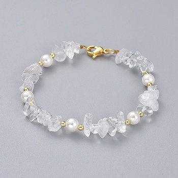 Natural Quartz Crystal Chip Beaded Bracelets, with Shell Pearl Round Beads, Brass Beads and 304 Stainless Steel Lobster Claw Clasps, 7-1/4 inch(18.5cm)