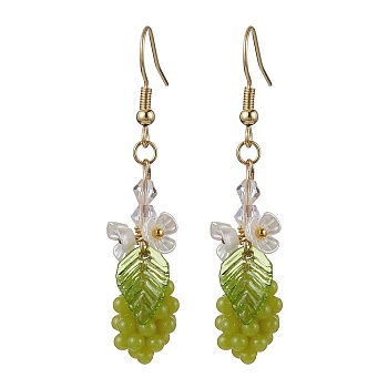 Yellow Green Grape Fruit Resin Dangle Earrings, with ABS Plastic Imitation Pearl Flowers, Golden, 52x12mm