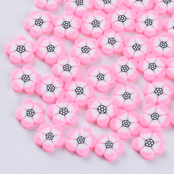 Handmade Polymer Clay Cabochons, Fashion Nail Art Decoration Accessories, Flower, Pearl Pink, 9~12x8.5~12x2~3mm, about 1600~2000pcs/400g