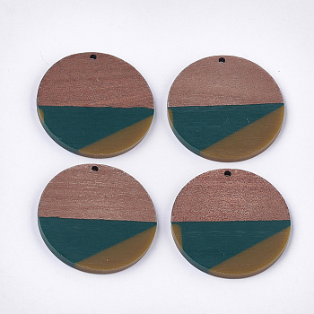 Tri-color Resin & Walnut Wood Pendants, Flat Round, Dark Slate Gray, 38.5x3mm, Hole: 2mm
