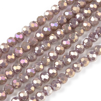 Round Full Rainbow Plated Faceted(32 Facets) Electroplate Glass Beads Strands, Rosy Brown, 4mm, Hole: 1mm, about 90~95pcs/strand, 12.8~13.6 inch(32~34cm)