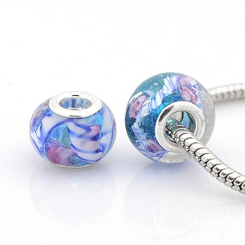Handmade Lampwork European Large Hole Rondelle Beads, Inner Flower, with Silver Color Plated Brass Double Cores, Colorful, 14x10mm, Hole: 5mm
