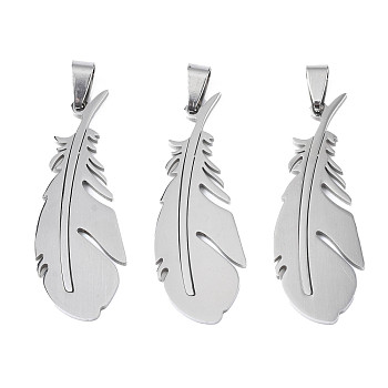 201 Stainless Steel Pendants, Laser Cut, Feather, Stainless Steel Color, 49x17.5x1mm, Hole: 4x7.5mm