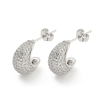 Teardrop Brass Pave Clear Cubic Zirconia Stud Earrings, Platinum, 14x7.5mm