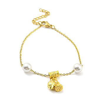Real 18K Gold Plated Brass Charm Bracelet with Plastic Imitation Pearl Beaded, with Ion Plating(IP) 304 Stainless Steel Chains, Long-Lasting Plated, July Lotus, 7-1/4 inch(18.4cm)