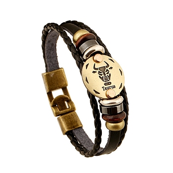 Braided Cowhide Cord Multi-Strand Bracelets, Constellation Bracelet for Men, with Wood Bead & Alloy Clasp, Taurus, 7-7/8~8-1/2 inch(20~21.5cm) 