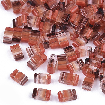 2-Hole Glass Seed Beads, Striped Seed Beads, Transparent Colours, Two Tone, Rectangle, Dark Red, 4.5~5.5x2x2~2.5mm, Hole: 0.5~0.8mm