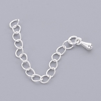Brass Chain Extender, with Curb Chains and Drop Charms, Silver Color Plated, 40~58x3mm, Link: 4x3mm