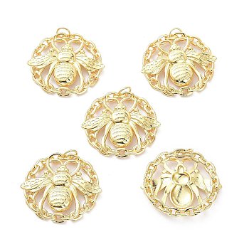 4Pcs Brass Pendants, Long-Lasting Plated, Flat Round with Bees, Real 18K Gold Plated, 39.5x42x6mm, Hole: 6mm