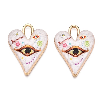 Printed Rack Plating Alloy Enamel Pendants, Golden, Heart with Eye Charm, Sandy Brown, 34.5x25.5x4.5mm, Hole: 4x8.5mm