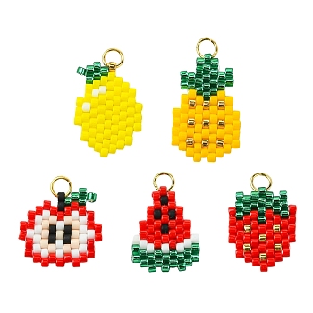 5Pcs 5 Styles Glass Seed Beaded Pendants, Fruit Charm, with 304 Stainless Steel Jump Rings, Mixed Color, 14~19x12~14.5x1.5mm, Hole: 3mm, 1pc/style