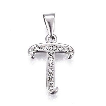 304 Stainless Steel Pendants, with Rhinestone, Letter, Letter.T, 22x16x2mm, Hole: 3~3.5x7.5~8mm