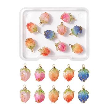 10Pcs 5 Colors Handmade Flower Pendants, with Brass Peg Bails and Glass Micro Beads, Bud, Golden, Mixed Color, 2pcs/color