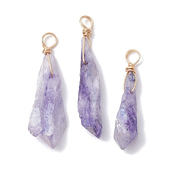 Electroplated Natural Quartz Crystal Dyed Pendants, Teardrop Charms with Golden Plated Copper Wire Loops, Lilac, 34~37x6~10.5x6~9.5mm, Hole: 3.5mm