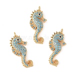 SHEGRACE Brass Synthetic Turquoise Pendants, Sea Horse Charms, Cadmium Free & Lead Free & Nickel Free, Long-Lasting Plated, Real 18K Gold Plated, 32x14.5x4mm, Hole: 1.8mm(XGRQ5K388-839G)