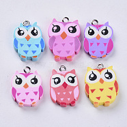 Handmade Polymer Clay Pendants, with Platinum Plated Iron Loops, Owl, Mixed Color, 22~25x15.5~18x3~4.5mm, Hole: 1.8mm(CLAY-S093-32)