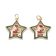 Christmas Themed Brass Micro Pave Cubic Zirconia Pendants, with Enamel and Jump Ring, Long-Lasting Plated, Star with Santa Claus, Real 18K Gold Plated, 19.5x18x2mm, Jump Ring: 5x0.7mm, 3.6mm Inner Diameter(ZIRC-L101-05G)