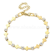 304 Stainless Steel Crystal Rhinestone Link Chain Bracelets for Women, Real 18K Gold Plated, Cross, 7-1/2 inch(19cm), Cross: 10x6x4mm(BJEW-G712-13B-02)