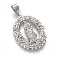 304 Stainless Steel Rhinestone Pendants, Lady of Guadalupe Charms, Oval with Virgin Mary, Stainless Steel Color, 35x24.5x3mm, Hole: 5x8mm(STAS-F210-08P-B)