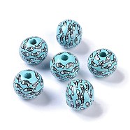 Printed Wood Beads, Round Beads, Cyan, 16x15mm, Hole: 4.3mm(WOOD-C017-01C)