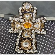 Cross Cloth Patches, Glass Beaded Appliques, Stick On Patch, with Rhinestone, Costume Accessories, Colorful, 125x115mm(WG25339-02)