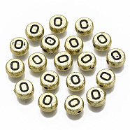 Plating Acrylic Beads, Horizontal Hole, Flat Round with Letter, Golden Plated, Black, Letter.O, 7x4mm, Hole: 1.2mm, about 3600pcs/500g.(PACR-CD0001-O)